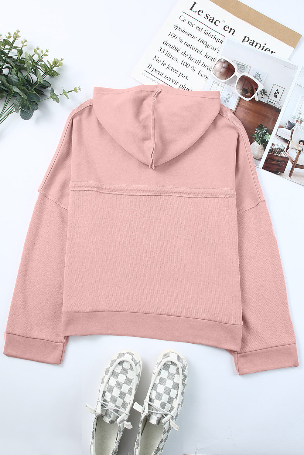 Quarter-Button Exposed Seam Dropped Shoulder Hoodie