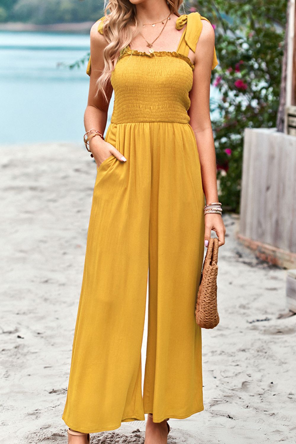 Brinley Frill Trim Tie Shoulder Wide Leg Jumpsuit