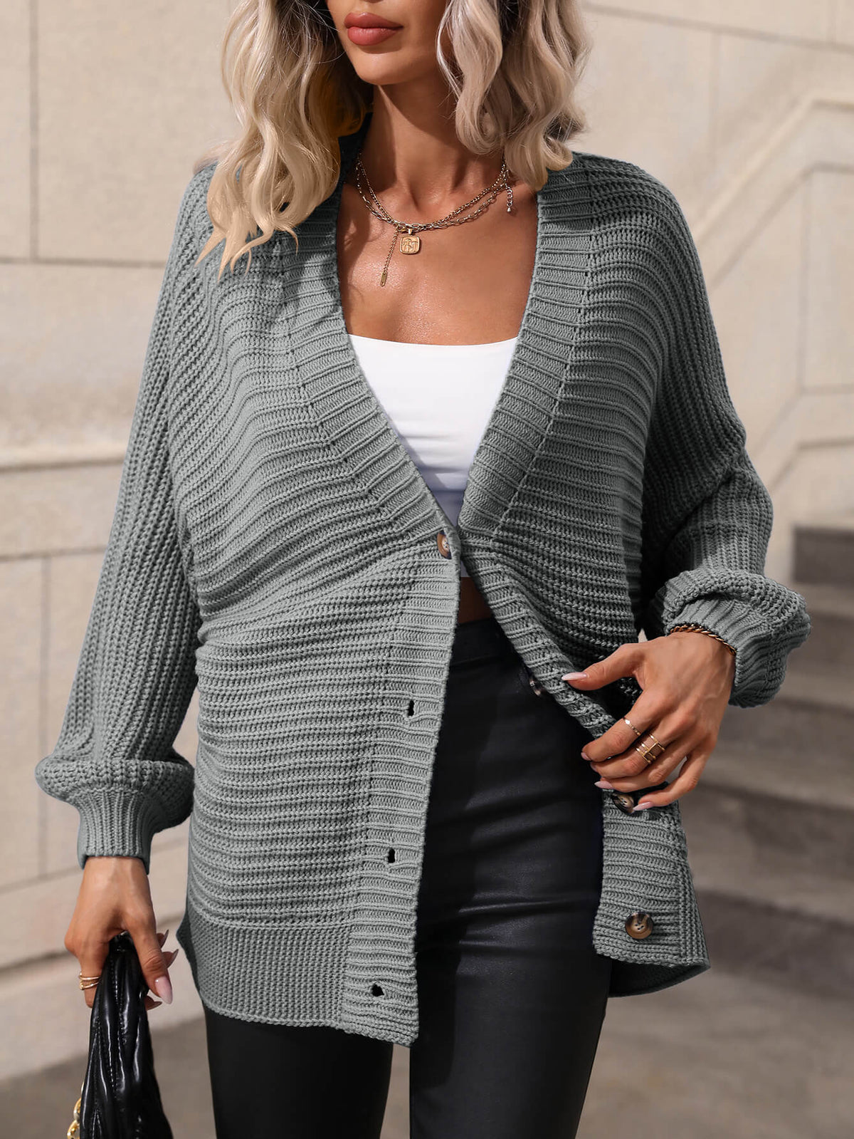 Button Down Horizontal-Ribbing Longline Cardigan