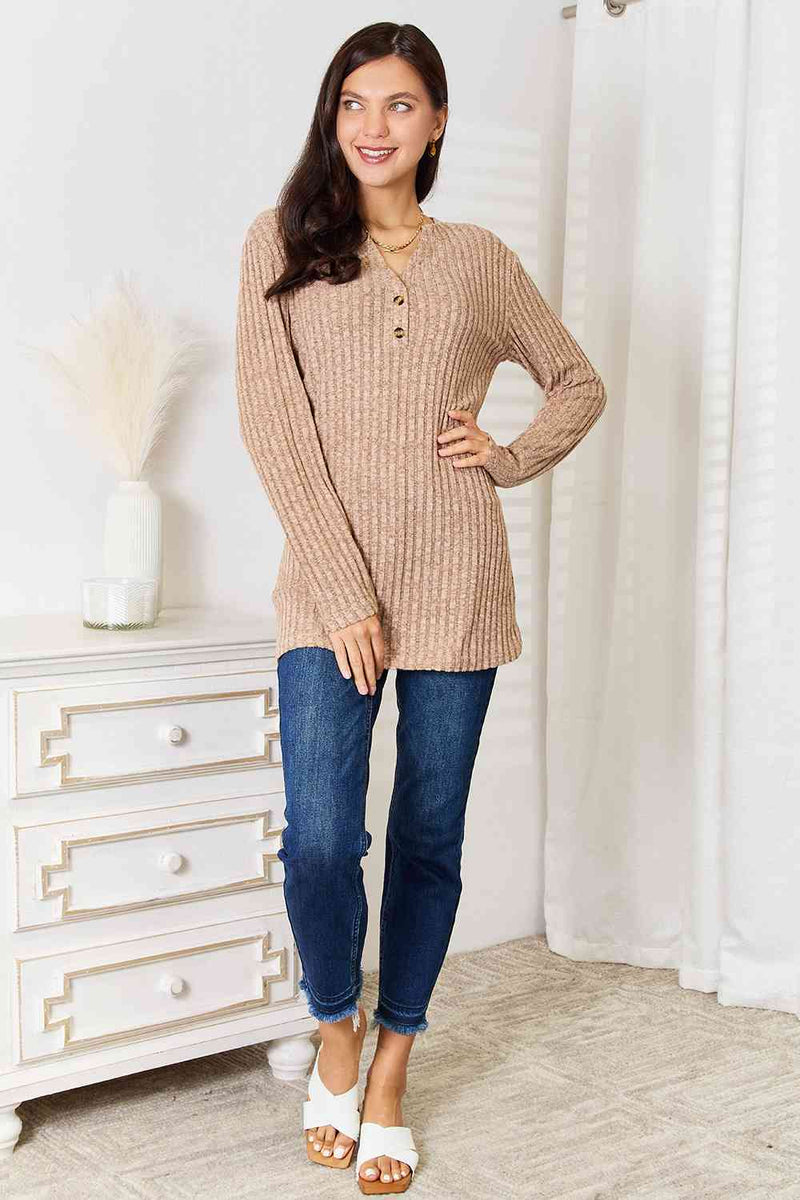 Natalia Notched Neck Ribbed Long Sleeve T-Shirt