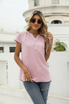 Swiss Dot Notched Neck Short Sleeve Top