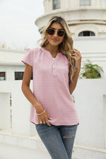 Swiss Dot Notched Neck Short Sleeve Top