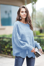 Openwork Boat Neck Sweater with Scalloped Hem- 12 Colors