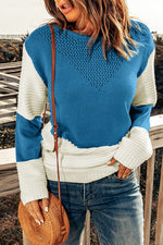 Two-Tone Openwork Rib-Knit Sweater