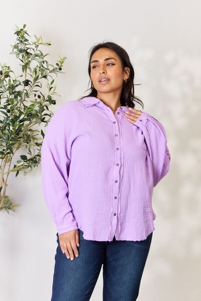 Texture Button Up Raw Hem Long Sleeve in Light Purple