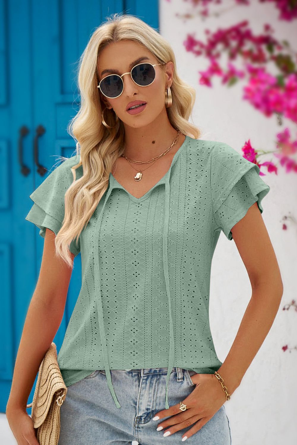 Riley Eyelet Tie-Neck Flutter Sleeve Blouse