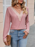 Contrast V-Neck Eyelet Long Sleeve Top