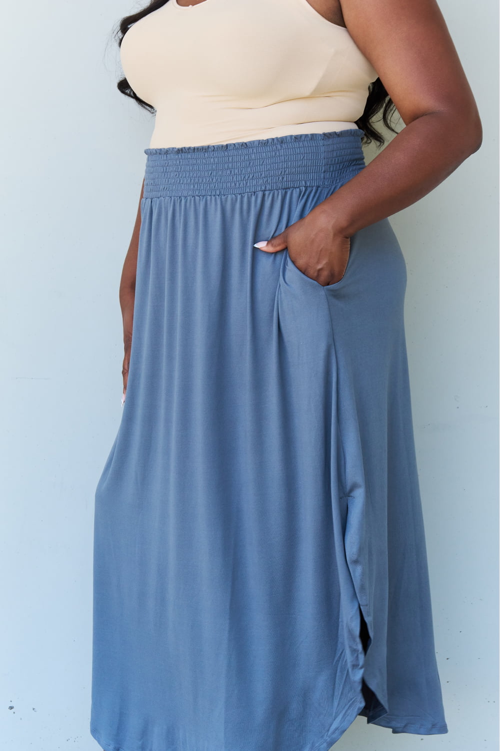 High Waist Scoop Hem Maxi Skirt in Dusty Blue