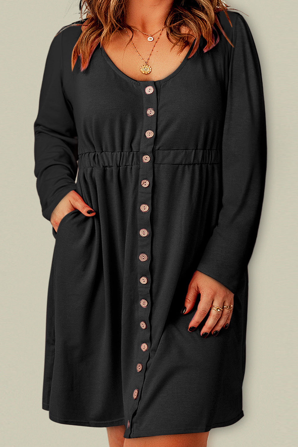 Plus Button Front Elastic Waist Long Sleeve Dress