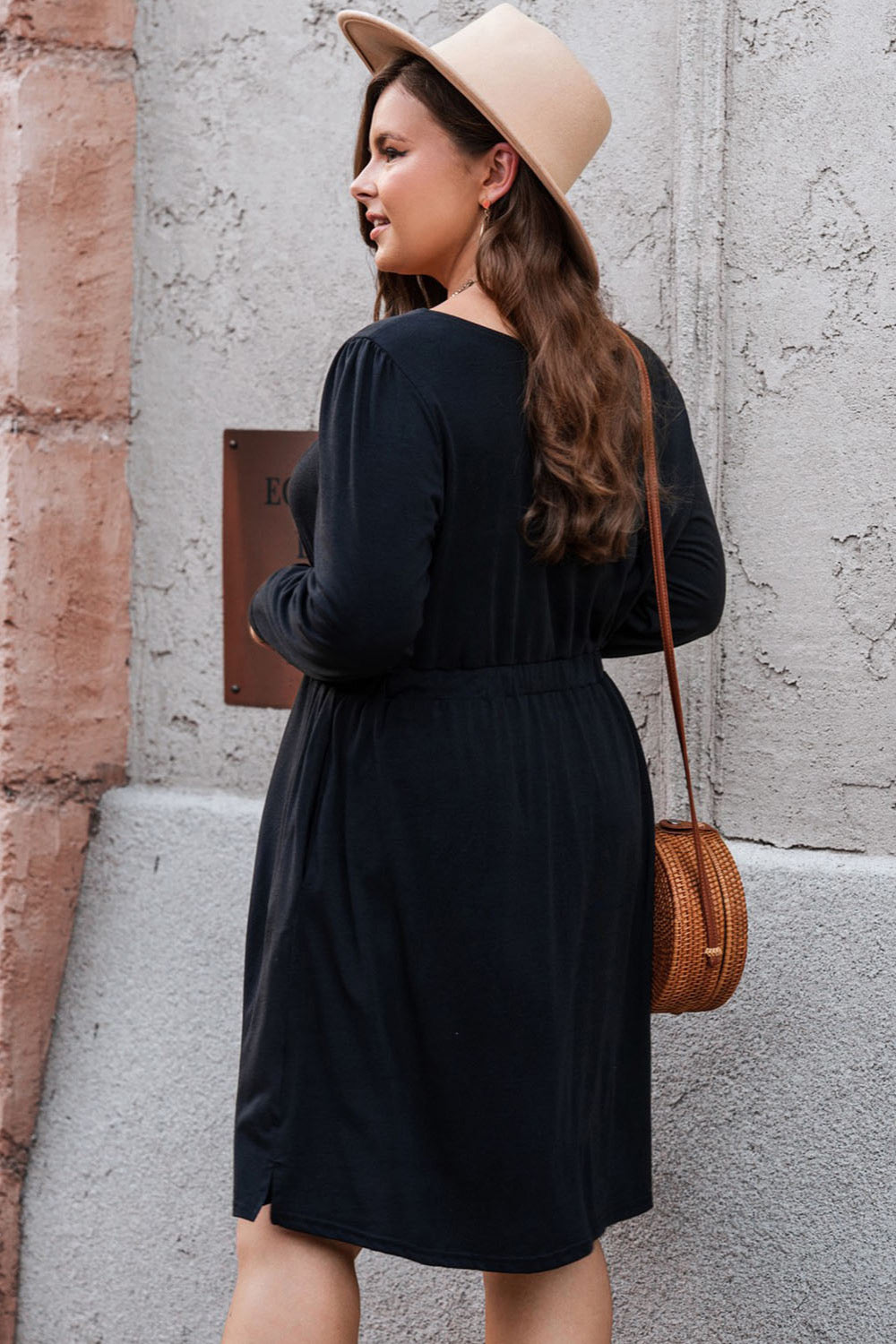 Plus Button Front Elastic Waist Long Sleeve Dress