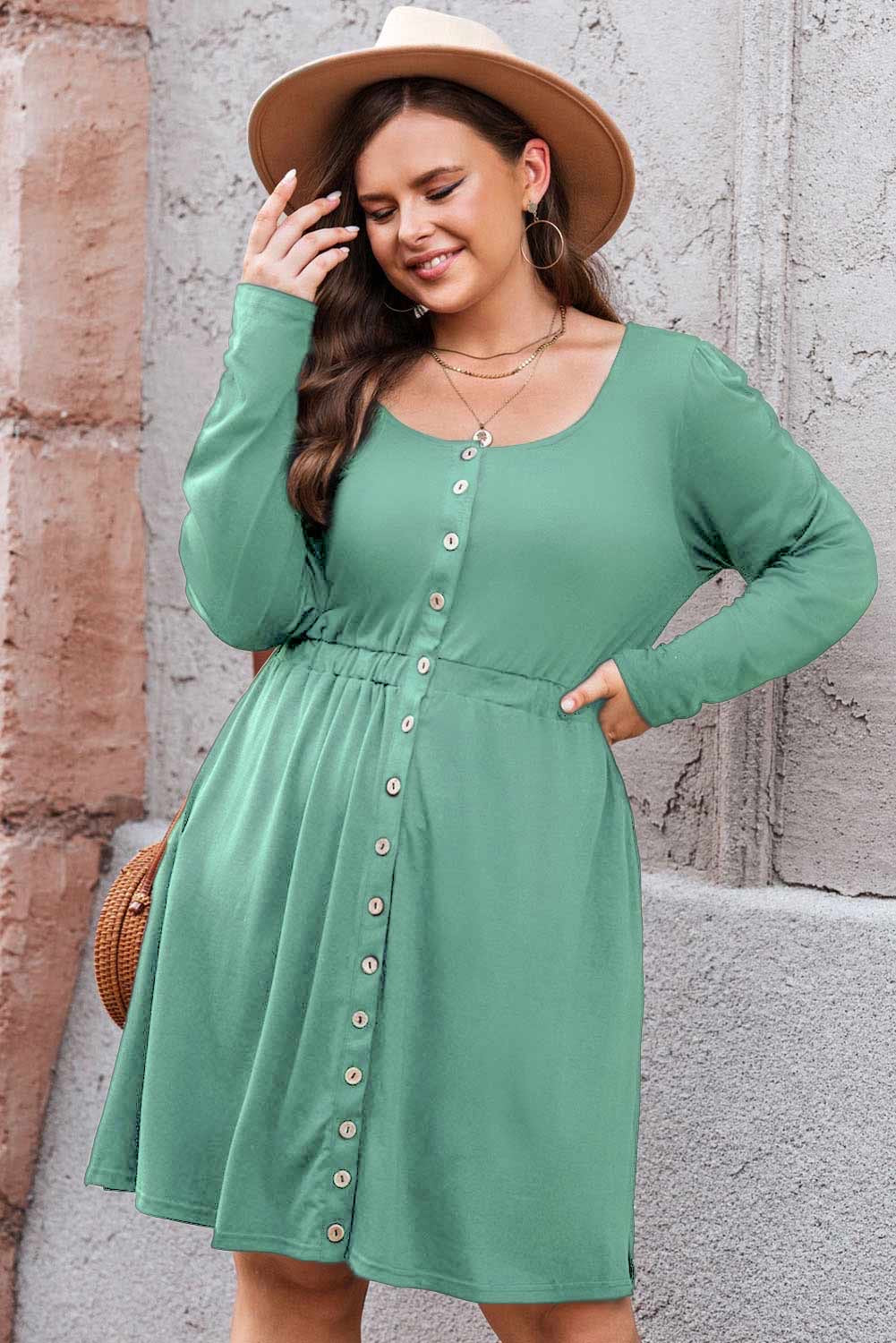 Plus Button Front Elastic Waist Long Sleeve Dress